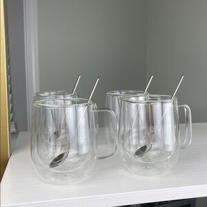 LINVIA Double Wall Insulated Glass Coffee Mugs w/spoon Set of 4 – 8.5oz Clear